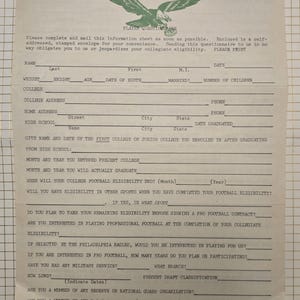 May include: Vintage Philadelphia Eagles player questionnaire. The document features the team's logo, a green eagle, and includes sections for personal information, college details, and football eligibility. The paper has a grid pattern.
