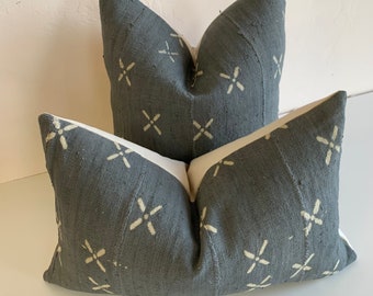 African Mudcloth pillow cover - grey/blue blot x