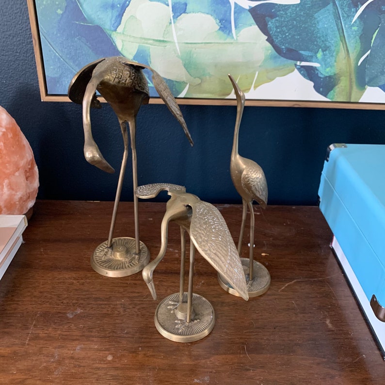 vintage mid century modern solid brass cranes decorative figurines brass sculpture