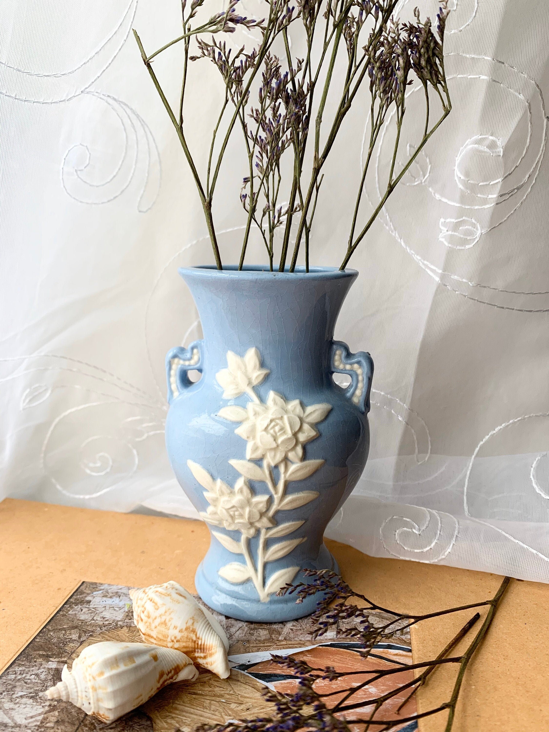 Vintage cameo blue vase with white flowers made in japan Etsy