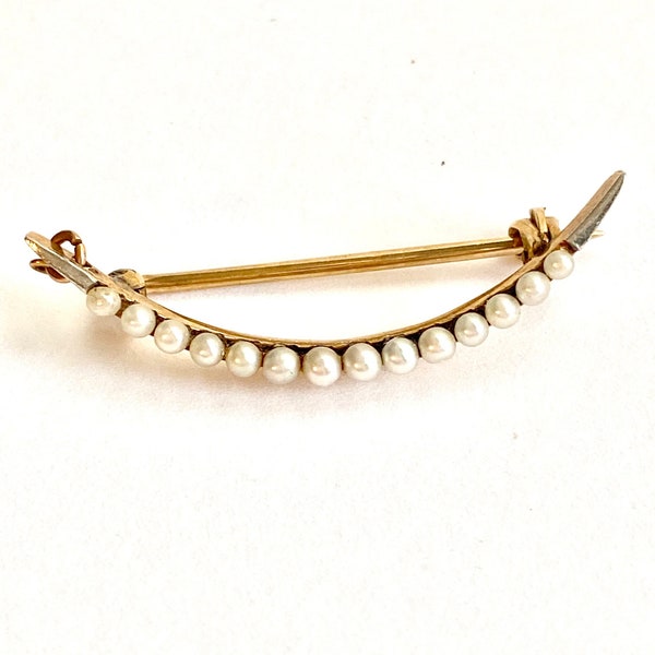 Antiguo 14K oro amarillo semilla perla luna broche Pin AF & Co. 1.25 " lazo colgante