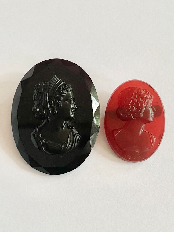 Vintage 2 Glass Cameo Pins Brooches Black & Red C… - image 1