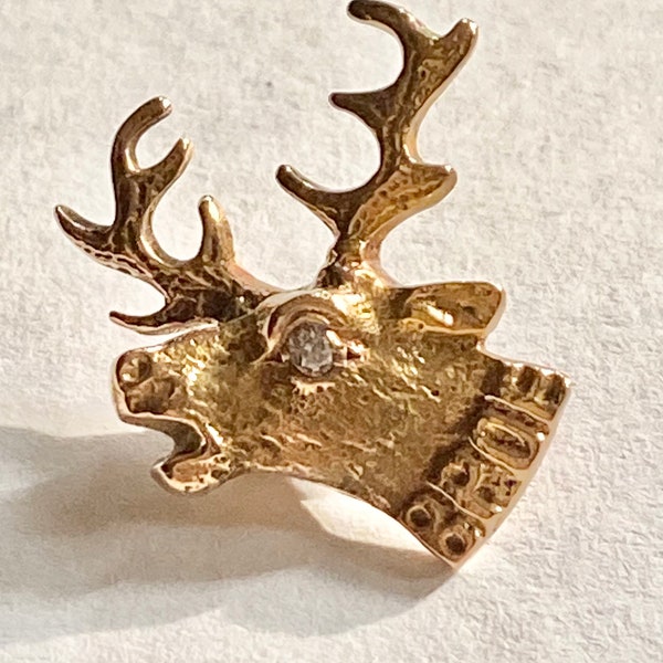 Vintage 10k Gold Diamond Eye BPOE Elk's Club Fraternal Dimensional Elk Head Pin Tie Tac