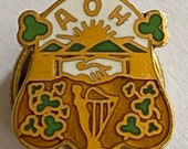 Antique AOH Ancient Order Hibernians Oldest Irish Catholic Fraternal Org Pin 10k Gold Enamel Signed Harp Clover Handshake
