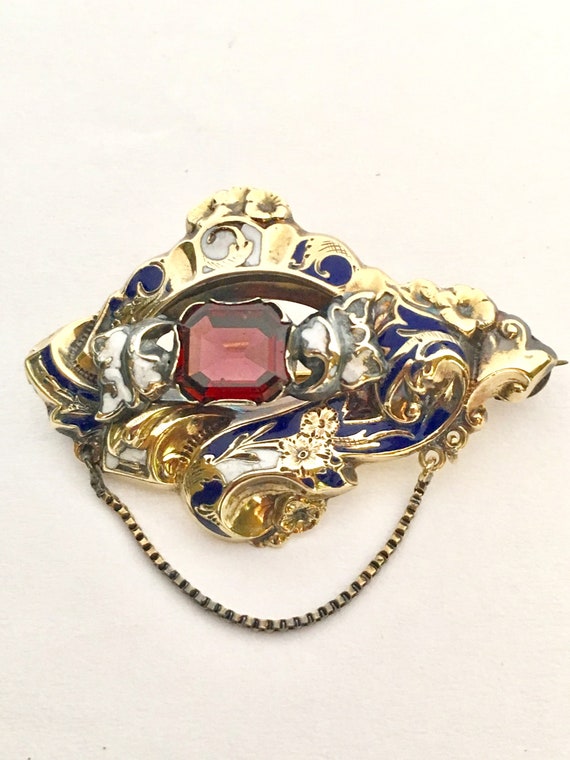 Antique Victorian 14K Gold Garnet Enamel Floral Br