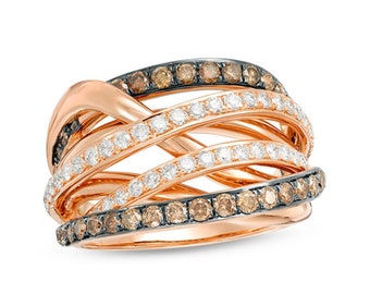 1-1/4 CTTW Champagne and White Diamond Layered Multi-Row Ring in 14K Rose (Pink) Gold, Anniversary Band, Holiday Gifts, Gifts for Her