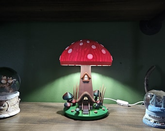 Mushroom Diorama Lamp – 3D Printed Fairy House Light, Whimsical Cottagecore Decor