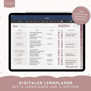 Könnte beinhalten: Ein digitaler Lernplaner auf einem Tablet, mit einem detaillierten Zeitplan, der Abschnitte für Themen, Dauer und Notizen enthält. Der Bildschirm zeigt deutschen Text, mit "Digitaler Lernplaner" am unteren Rand. Geeignet für GoodNotes, Noteshelf, Xodo etc.