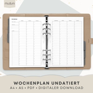 Weekly plan undated with timeline from 5 am to 10 pm in A4 and A5 format, 1 week on 2 pages calendar inserts for printing, PDF, German