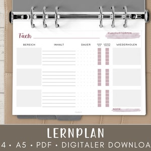 Lernplan für Studium und Schule, Uni Klausurinhalte Lerneinheiten planen, A4 und A5 Format, PDF, Printable, Deutsch