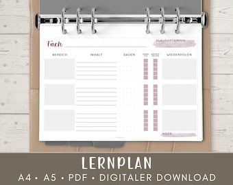 Study plan for university and school, university exam content, plan learning units, A4 and A5 format, PDF, Printable, German
