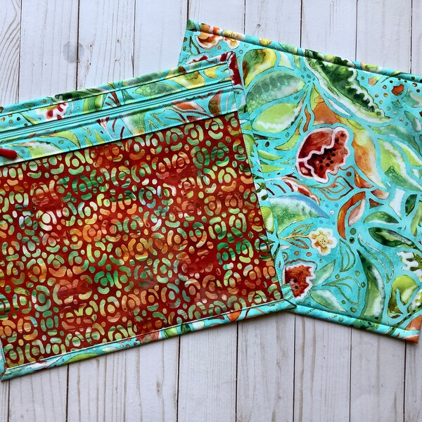 Vinyl Front Project Bag, Ready to Ship, Zipper Closure, Tropical, Summer, Colourful