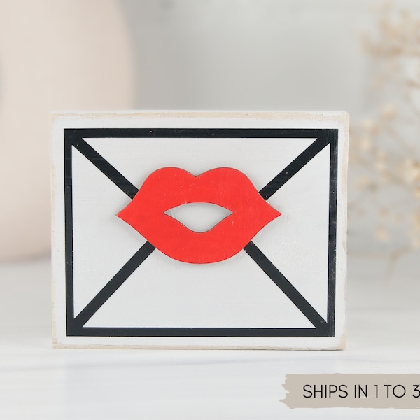 Rustic love letter sign with red lips - Valentine tiered tray decor - Small envelope wood sign