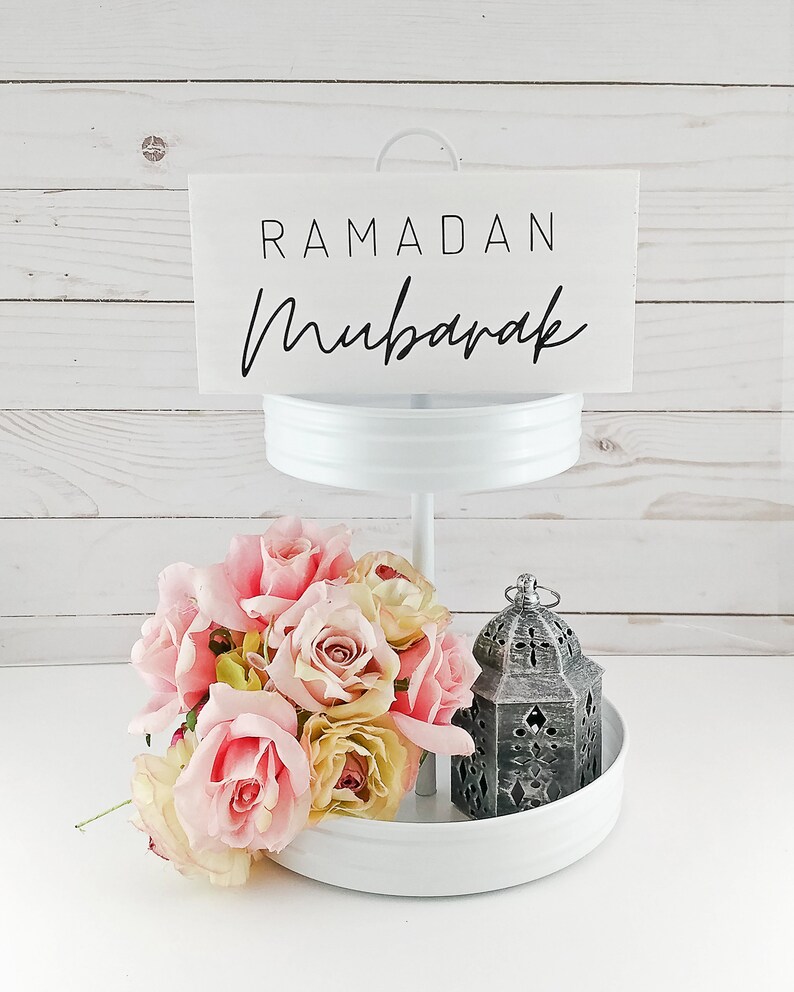 Reversible Ramadan Decoration, Eid Decoration, Small Wood Signs, Muslim Gifts, Mini Wooden House, Islamic Farmhouse Home Decor image 2