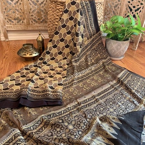 Soft Brown & Yellow Hand-block Printed Ajrakh Saree on Modal Silk | Indian Ajrakh Sari