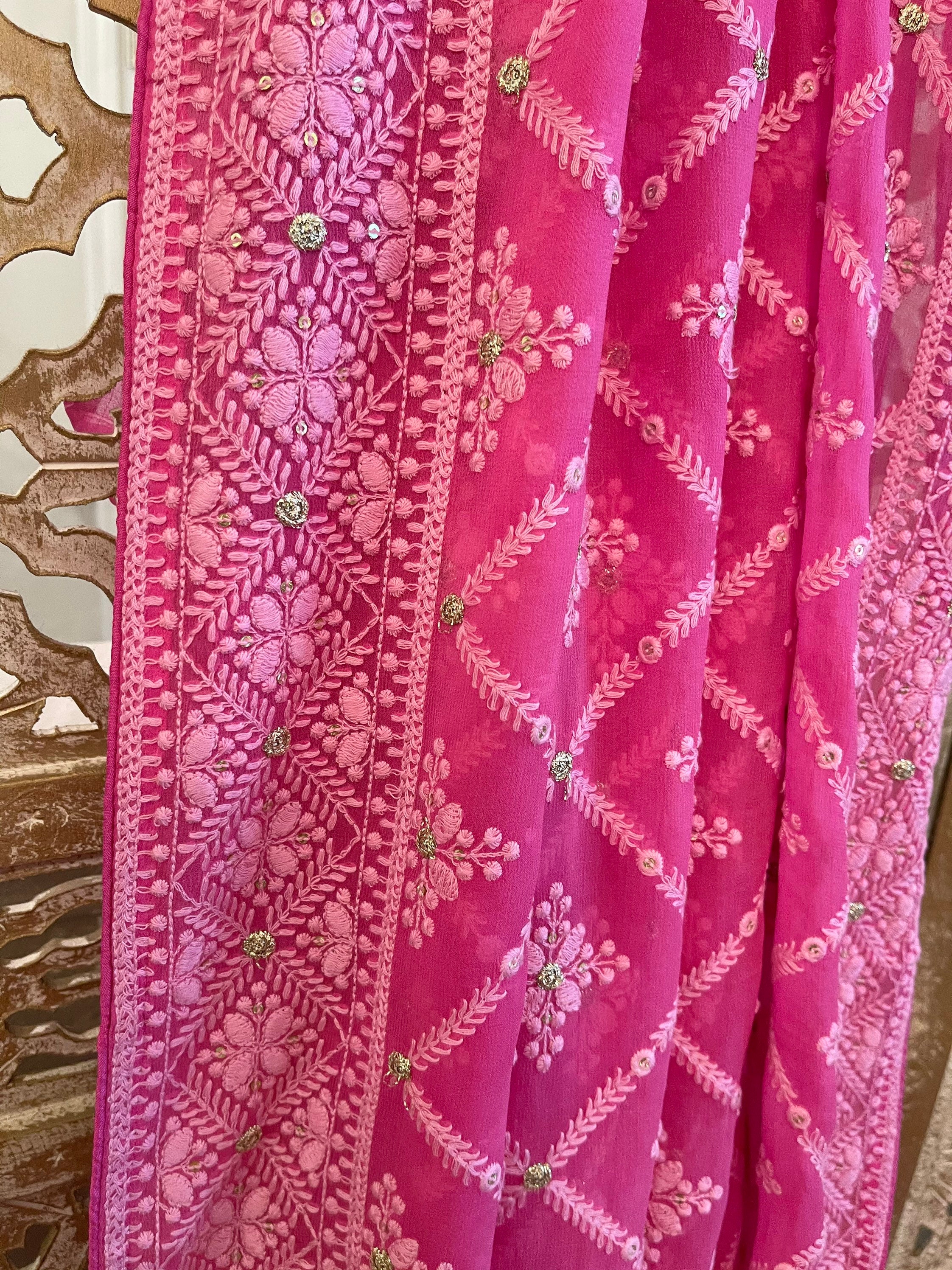 Candy Pink Pure Georgette Chikankari Saree With Gota and - Etsy