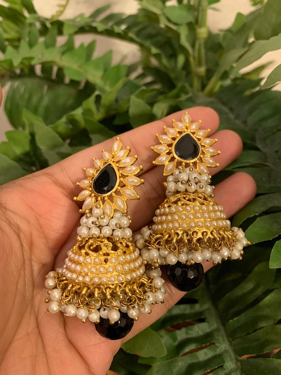 Golden Jhumka With Pearl Clusters Black Stone