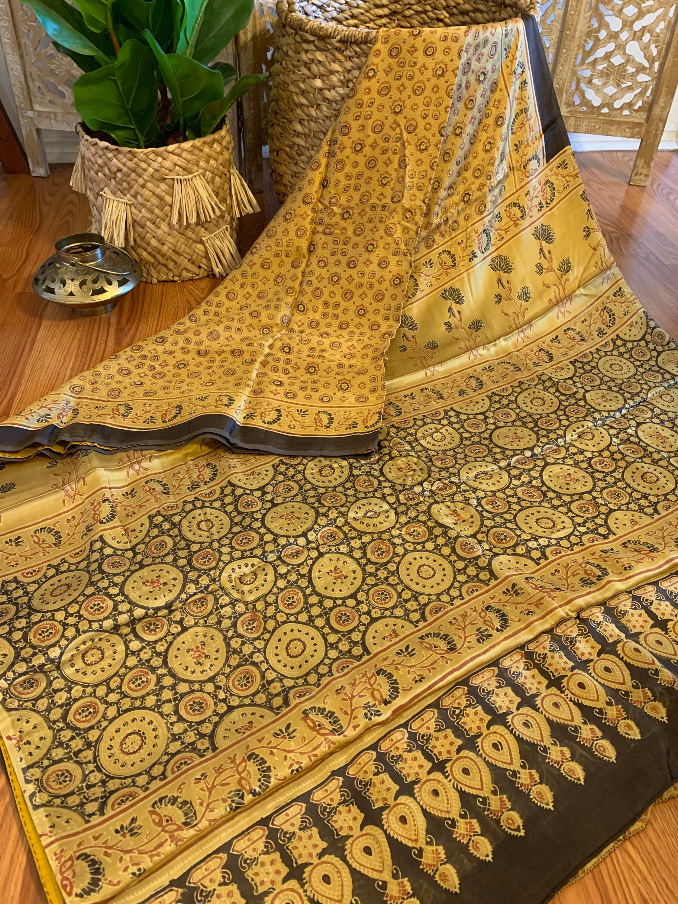 Mustard Yellow & Brown Ajrakh Saree in Modal Satin | Hand Block Printed  Ajrakh Sari in Modal