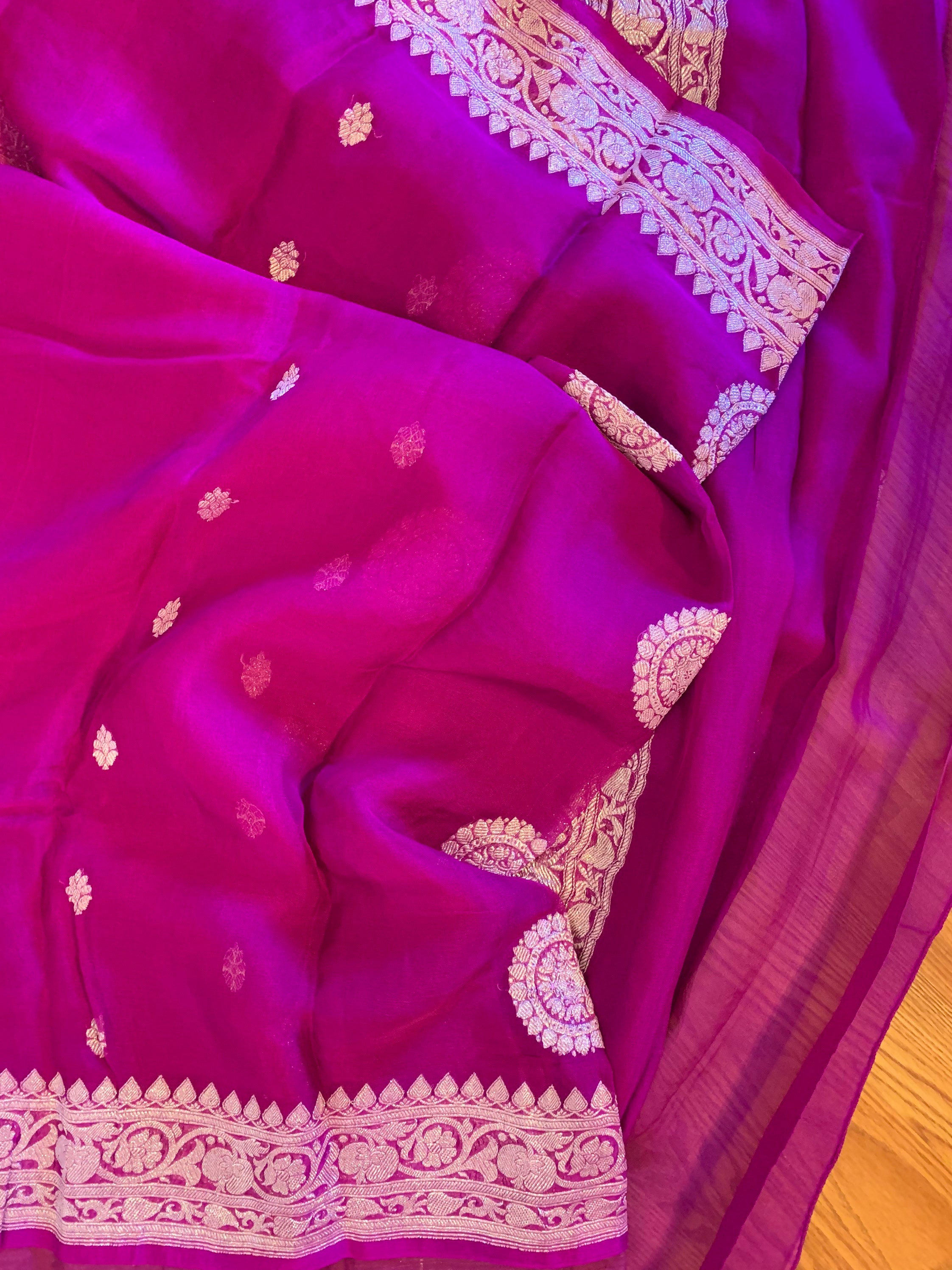 Purple/magenta Pure Silk Chiffon Banarasi Saree With Silver - Etsy