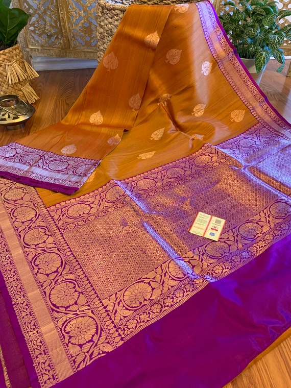 Mustard Yellow Purple Pure Tussar Benarasi Silk Saree Silk Etsy
