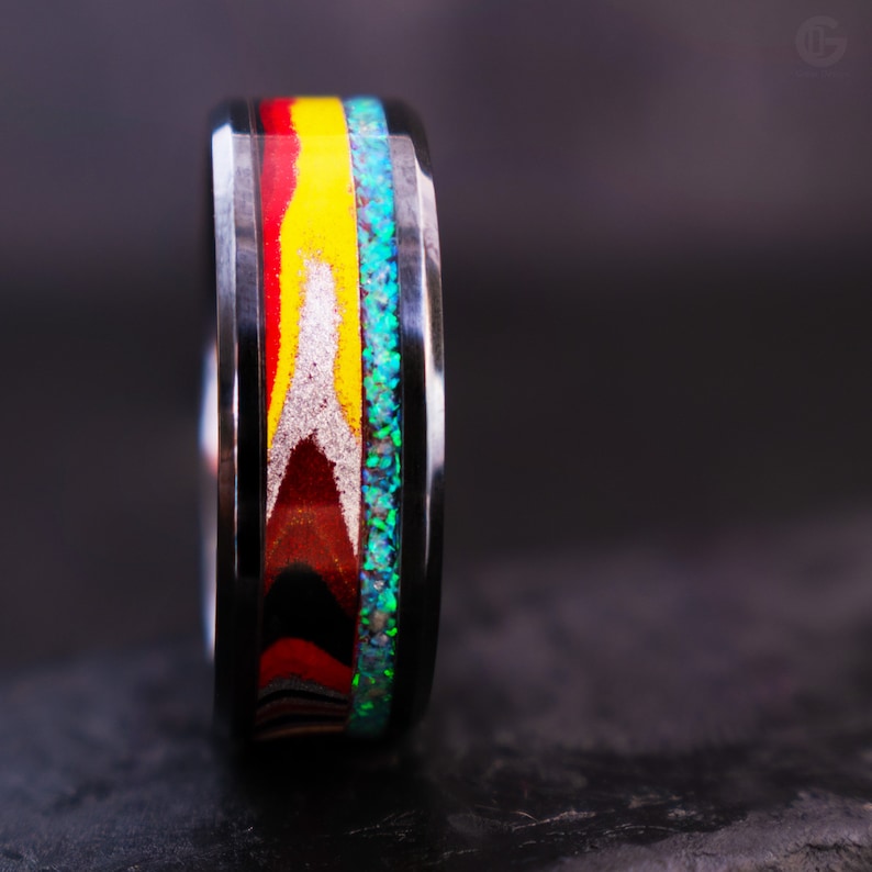 Fire Arrow Exciting and Unpredictable Fordite and Crushed Glacier Opal 8mm Black Ceramic Core Made to Order USszs 4-12.5 Ring