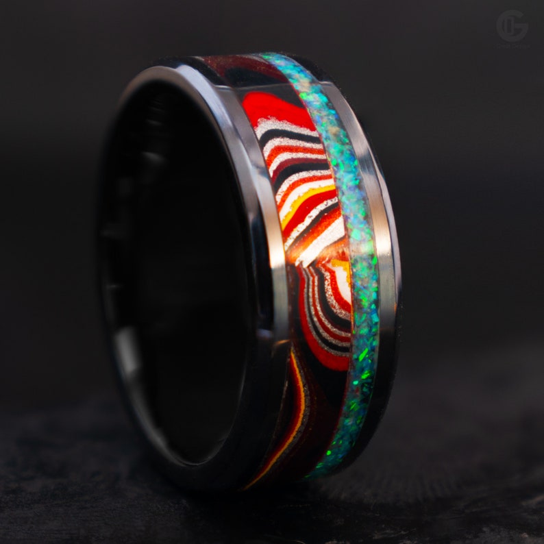 Fire Arrow Exciting and Unpredictable Fordite and Crushed Glacier Opal 8mm Black Ceramic Core Made to Order USszs 4-12.5 Ring
