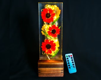 Flower Moon - Sunflower Lamp, Real Flowers, 100 Warm White LEDs, Magnetic Closing Walnut Hardwood Base, AA Battery Powered, Remote Control