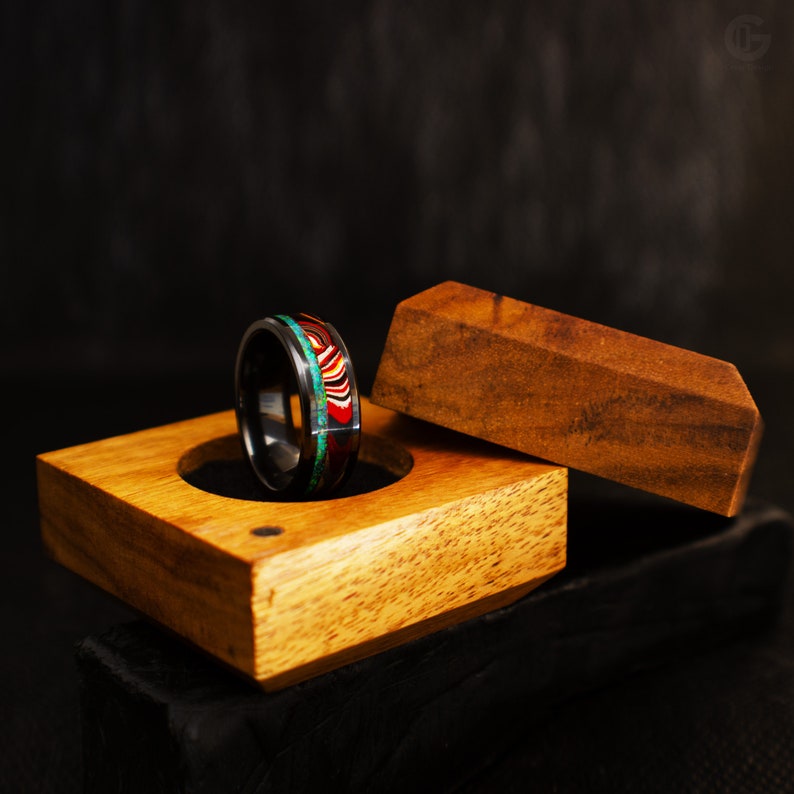 Fire Arrow Exciting and Unpredictable Fordite and Crushed Glacier Opal 8mm Black Ceramic Core Made to Order USszs 4-12.5 Ring