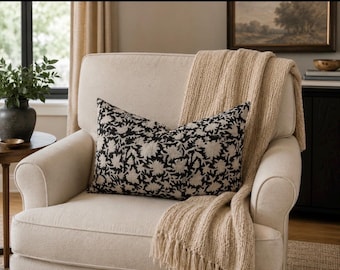 Floral pillow cover, linen pillow, block print pillow, black pillow, farmhouse pillow, boho pillow, decorative pillow