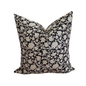Floral pillow cover, linen pillow, block print pillow, black pillow, farmhouse pillow, boho pillow, decorative pillow