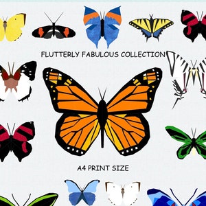 May include: A collection of colorful butterfly illustrations in various designs. The butterflies feature a range of colors, including yellow, orange, blue, red, and green. The text "FLUTTERLY FABULOUS COLLECTION" and "A4 PRINT SIZE" are also visible.