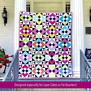 May include: A quilt pattern called "Diamond Eyes" by Patterns by Shaley. The pattern is designed for layer cakes or fat quarters and includes instructions for 6 quilt sizes and 6 different versions. The quilt is shown in a variety of bright colours, including pink, red, yellow, green, blue, and black.
