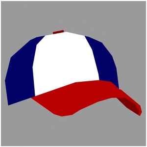 May include: A red, white, and blue baseball cap with a mesh back. The cap has a curved brim and a white front panel.