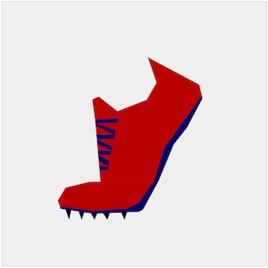 May include: A red athletic shoe with blue laces and a dark blue outline. The shoe has black spikes on the sole, designed for track and field events. The shoe is set against a white background.