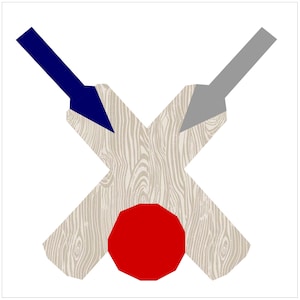 May include: Two wooden cricket bats crossed over each other with a red ball in the center. The bats are painted with a wood grain pattern. The top of one bat is blue and the top of the other bat is gray.