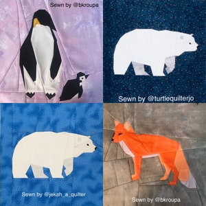 May include: A collage of four fabric squares featuring paper pieced animal designs. The top left square is purple with a black and white penguin. The top right square is blue with white polka dots and a white polar bear. The bottom left square is blue with white polka dots and a white polar bear. The bottom right square is brown with an orange fox. Each square has text that reads "Sewn by @" followed by the Instagram handle of the maker.