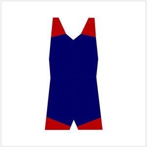 May include: A geometric illustration of a blue and red leotard or swimsuit. The top portion features red shoulder straps, while the bottom has red accents. The garment is set against a white background.