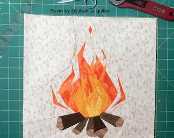 Patrón de piecing de papel de Fireside Foundation: fuego, verano, camping, fogata, acogedor edredón de otoño,