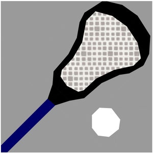 May include: A black lacrosse stick with a blue handle and a white lacrosse ball.