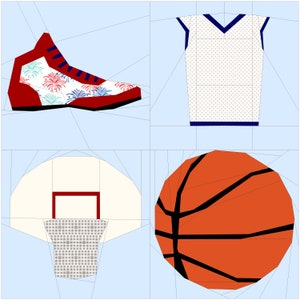 May include: A collage of four images depicting basketball-themed items. The top left image shows a red and blue basketball shoe with a firework pattern. The top right image shows a white basketball jersey with a blue trim. The bottom left image shows a white basketball hoop with a red rim and a gray net. The bottom right image shows an orange basketball with black lines.