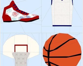 Paquete de bloques de baloncesto - Colección Let's Play - Patrón de edredón con piezas de papel de base PDF