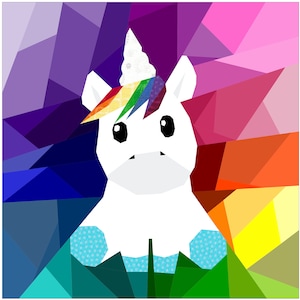 May include: A white unicorn with a rainbow mane and horn against a colorful geometric background. The unicorn has large, black eyes and a white body.