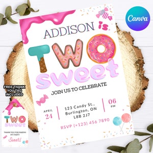 EDITABLE Two Sweet Birthday Invitation, 2nd Birthday, Girl Donut Invite, Two Year, Dessert Invitation, Printable Two Sweet Birthday Template