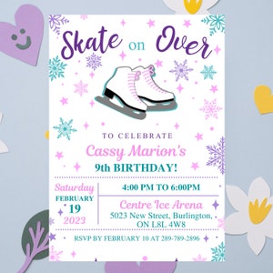 Editable Ice Skating Birthday Invitation, Skate On Over Party Template, Pastel Snowflake invitation, Girl&#39;s Birthday Invitation, Printable
