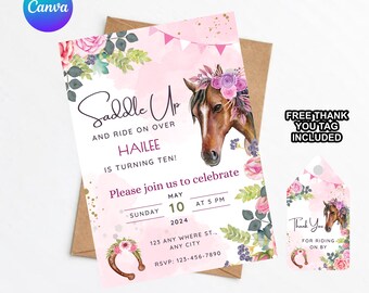 Invitación de silla de montar editable, cumpleaños de caballo de niña, fiesta de vaquera de acuarela, invitación de caballo, invitación floral rosa, plantilla de caballo imprimible