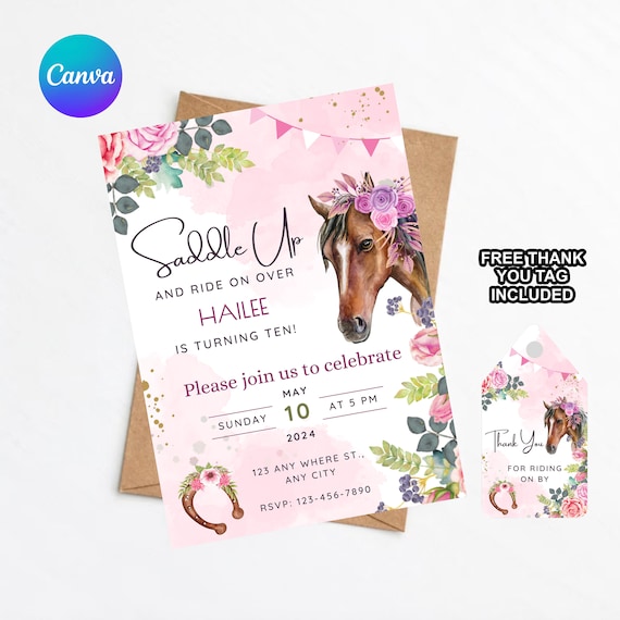 Editable Saddle Up Invitation, Girl Horse Birthday, Watercolor Cowgirl Party, Horse Invite, Pink Floral Invite, Printable Horse template