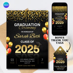 Editable Graduation 2025 Invitation, Graduation Party, Glitter Graduation Party, Editable black, Red & gold graduation, Printable Template