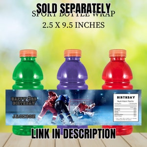 May include: Three sports drink bottles with labels. The green bottle has a label that says "Happy 3rd Birthday Jackson". The purple bottle has a hockey player graphic. The red bottle has a label that says "Birthday Nutrition Facts".