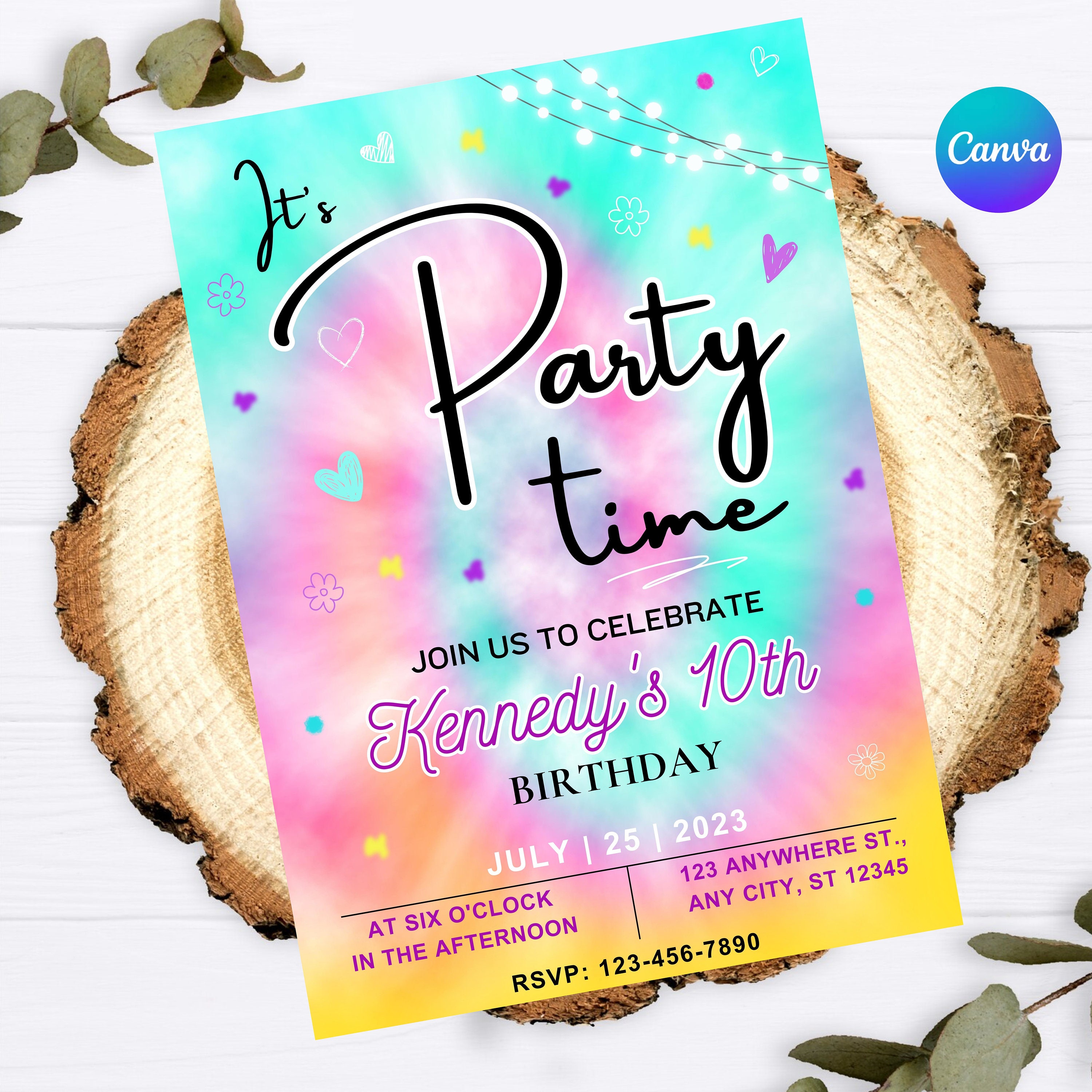 EDITABLE TIE DYE Birthday Invitation, It's Party Time Invite, Girl's Tie Dye Party, Paint Party ...