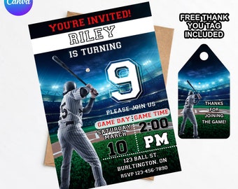 May include: Baseball-themed birthday party invitation with a photo of a baseball player in a stadium. The invitation says "You're Invited! Riley is turning 9. Please join us Game Day: Game Time Saturday March 2:00 PM 10. 123 Ball St. Burlington, ON RSVP 123-456-7890". A free thank you tag is included that says "Thanks for joining the game!"